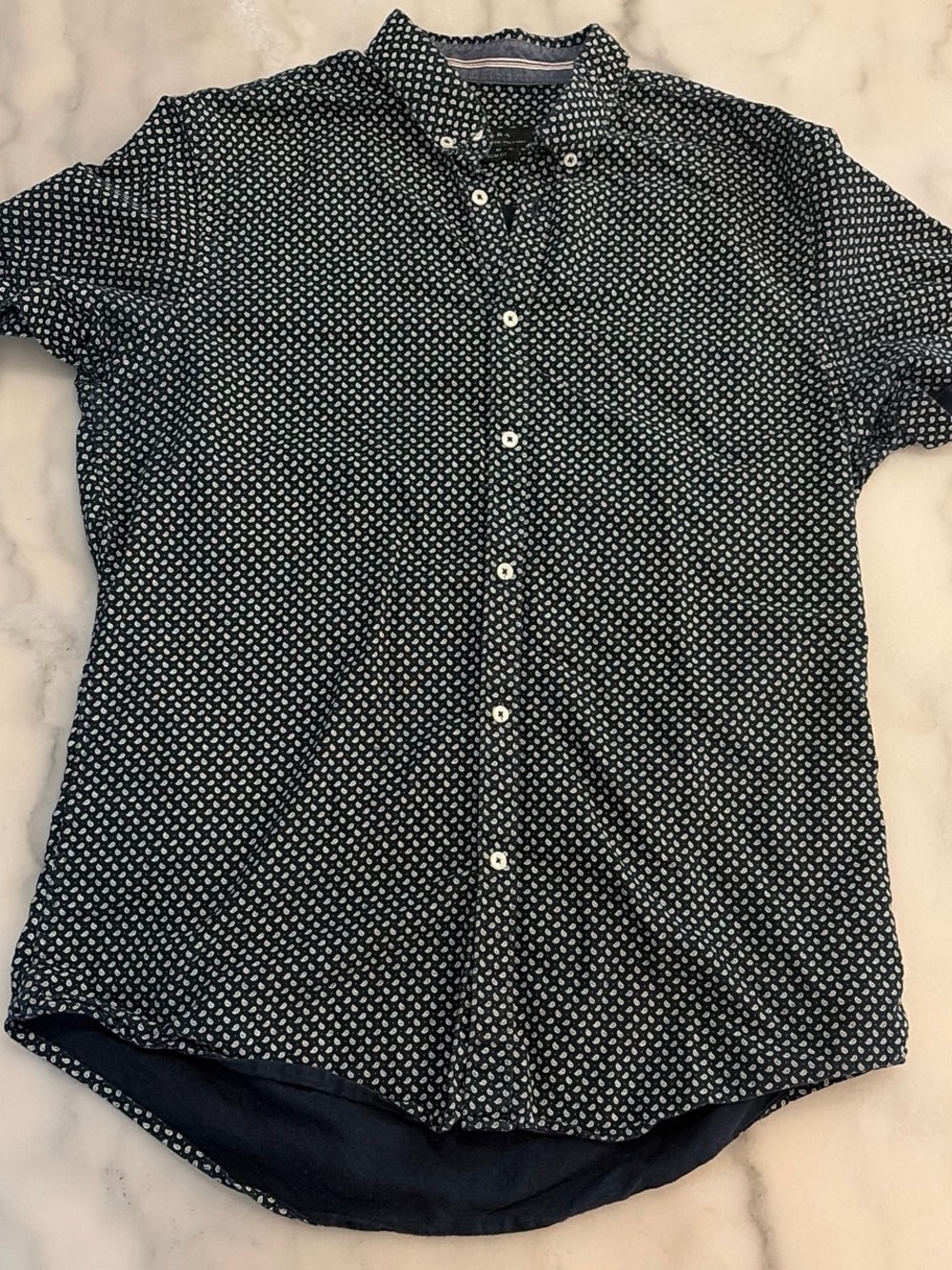 Zara Navy Short-Sleeve Button-Down with White Micro Paisley Print